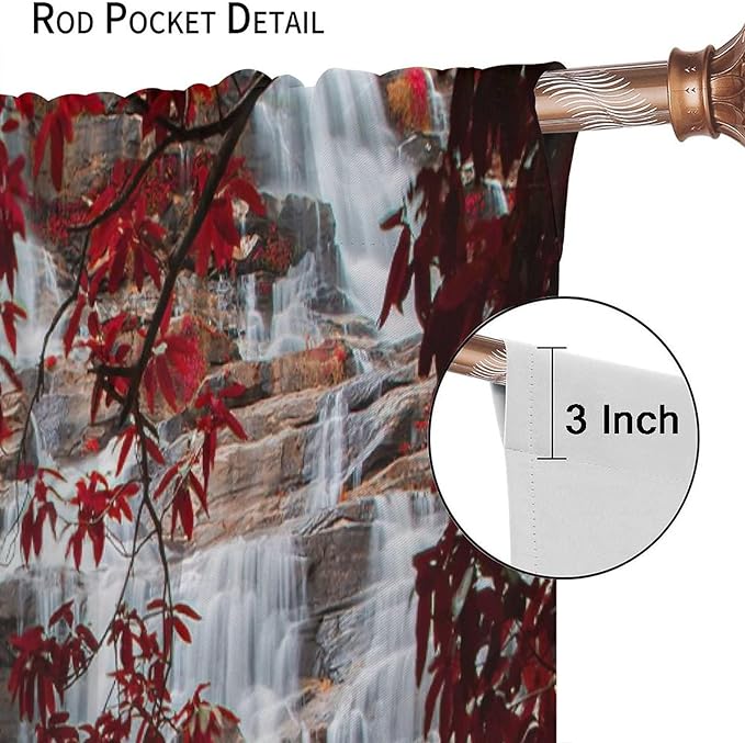 Waterfall Blackout Windows Curtains, Waterfall Red Forest Pattern Nature View Curtains, for Living Room Bedroom 42x45in 2 Panels