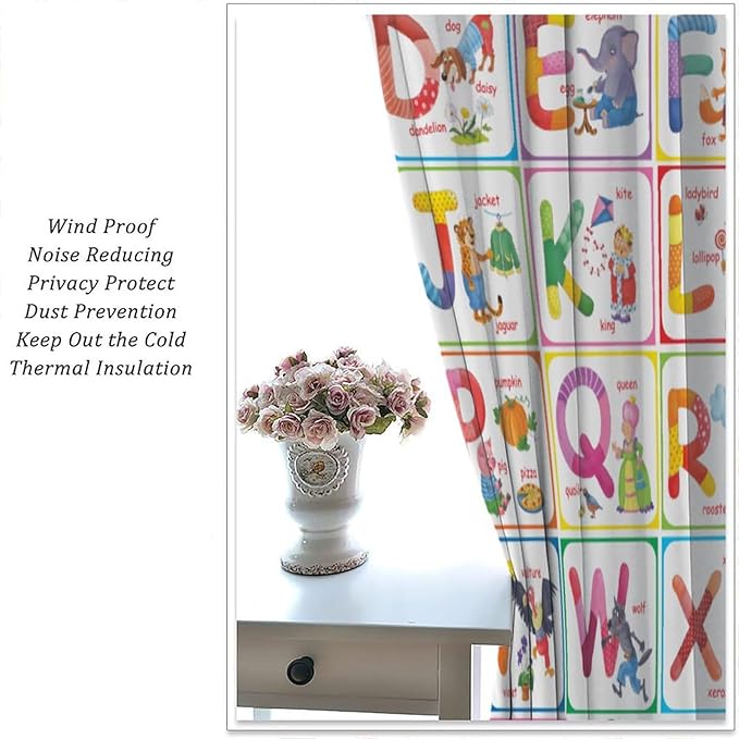 Kids Alphabet Curtains Cartoon Animal Funny Education Learning Curtain with Rod Pocket for Bedroom Nursery Children Toddler Decor Drapes Window Treatments 2 Panels Set 63" W X 63" L