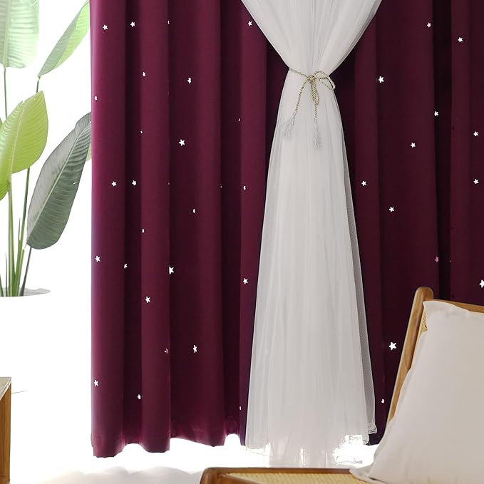 Kinryb Kids Blackout Curtains for Bedroom/Living Room/Classroom, Sheer Overlay 2 Free Tiebacks, Double Layer Curtains with Star Cutout for Kids Room(Each Piece W 70 x L 72 Inches 2 Pcs Red)