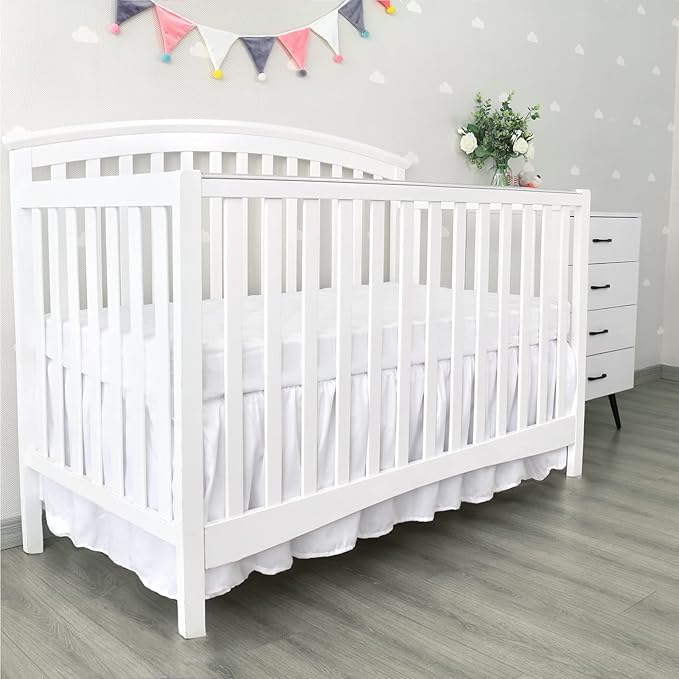 Crib Bed Skirt 28” x 52” with 14” Drop Pleated Dust Ruffle for Baby Boys Girls Elastic Adjustable Fit Toddler Bedskirt Easy On/Off Soft Nursery Standard Crib Bedding Skirts Solid White Crib Skirt