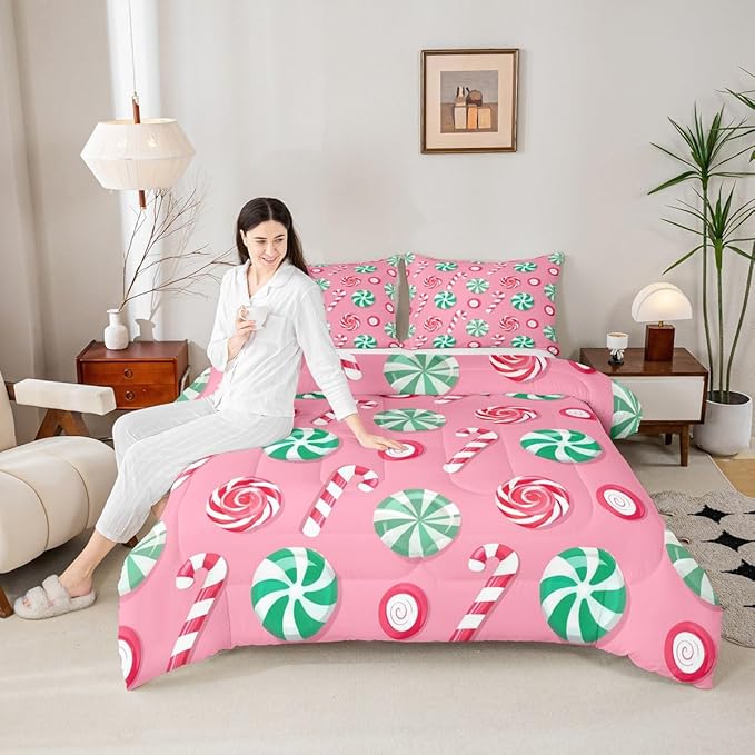 Feelyou Christmas Comforter Set Twin Size Candy Bedding Set for Kids Boys Girls Xmas Theme Duvet Quilt Bedroom Decor Microfiber 2 Pcs with 1 Pillow Cases