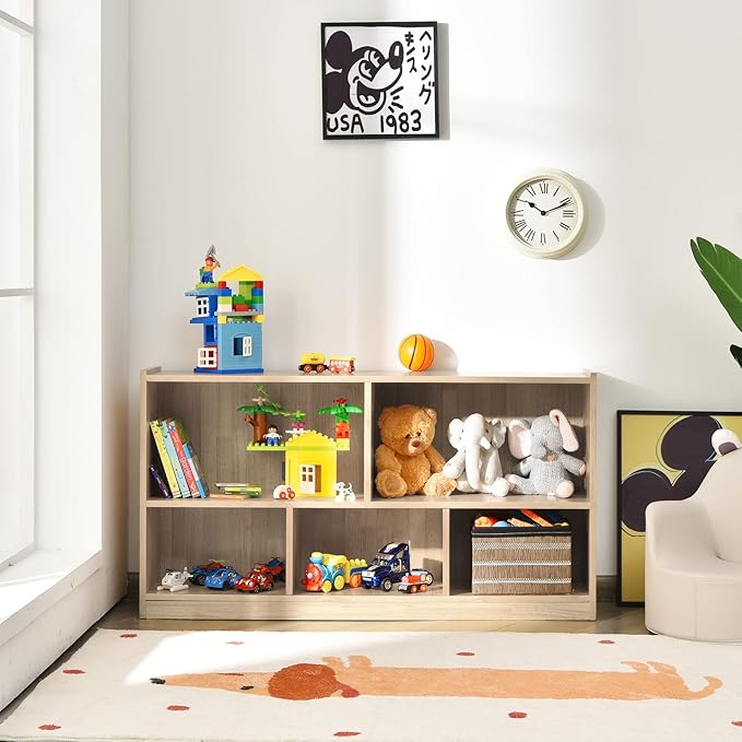 Costzon 2-Shelf Bookcase for Kids, Wooden Toy Storage Organizer for Books Toys, 5-Section Freestanding Classroom Daycare Montessori Bookshelf for Preschool, Home Playroom & Kindergarten (Natural)