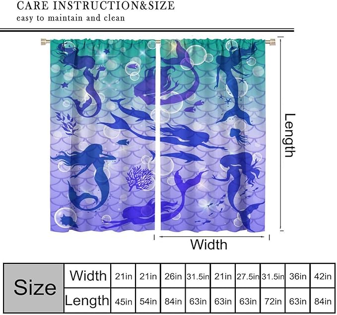 Mermaid Kids Girls Curtains Fantasy Mermaid Silhouette Ocean Theme Beautiful Blackout Window Treatment for Girls Bedroom Nursery Room Decor Rod Pocket Window Drapes 42" W X 45" L