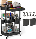 3 Tier Rolling Utility Cart with Drawer, Plastic Storage Organizer Rolling Carts with Wheels Handles Hanging Cups Hooks for Office, Bathroom, Kitchen,Craft Art Room (Black)