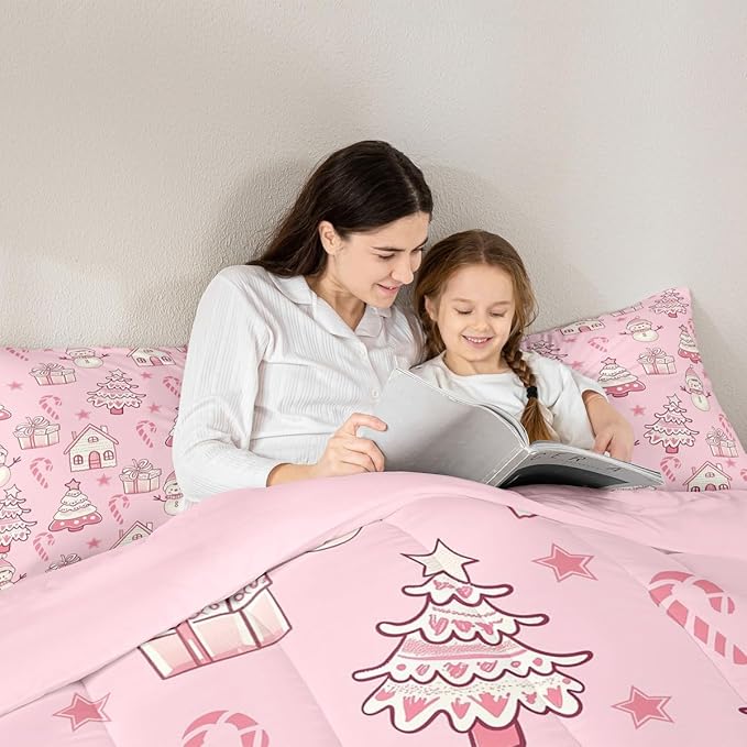 Feelyou Pink Christmas Comforter Set King Size Xmas Tree Snowman Bedding Set for Kids Boys Girls Star Gift Duvet Quilt Candy Cane Bedroom Decor Microfiber 3 Pcs with 2 Pillow Cases