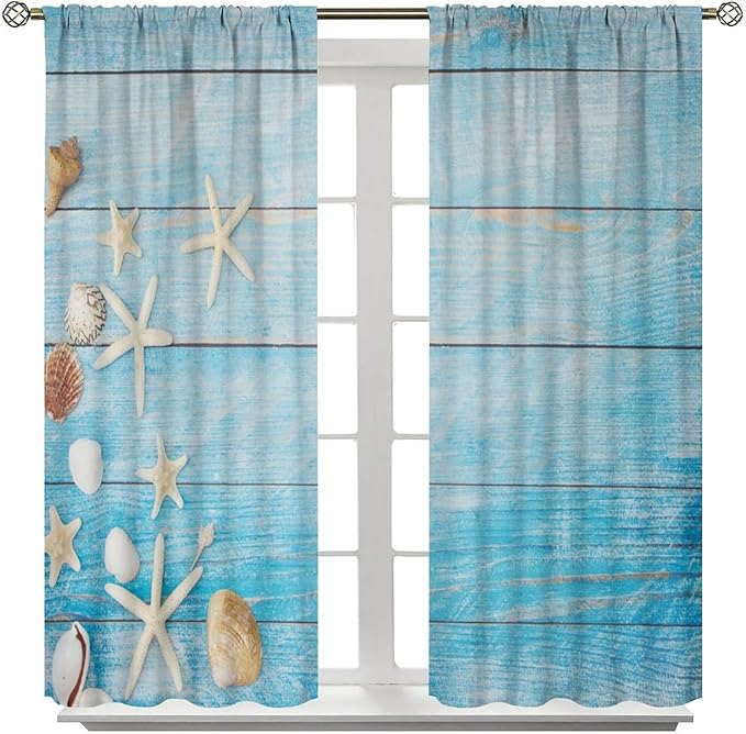 Beach Shell Curtains Shell Starfish Modern Style White Print Curtains for Living Room Bedroom Boys Girls Bedroom Decorative Privacy Curtains 52x84 Inch