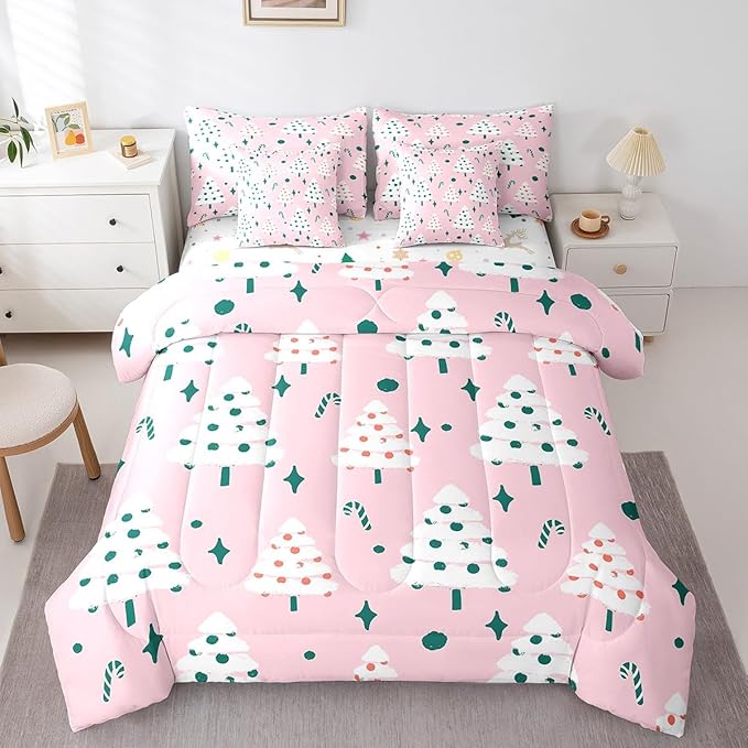 Feelyou Christmas Girly Comforter Set with Sheets Kids Christmas Tree Bedding Set Boys Girls Snowflake Candy Decor Bed in a Bag Xmas Theme Pink Bed Set Bedroom Queen Size