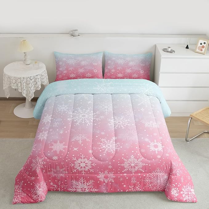Feelyou Christmas Comforter Set Twin Size Winter Snowflake Bedding Set for Kids Boys Girls Blue Pink Gradient Duvet Quilt Bedroom Decor Microfiber 2 Pcs with 1 Pillow Cases