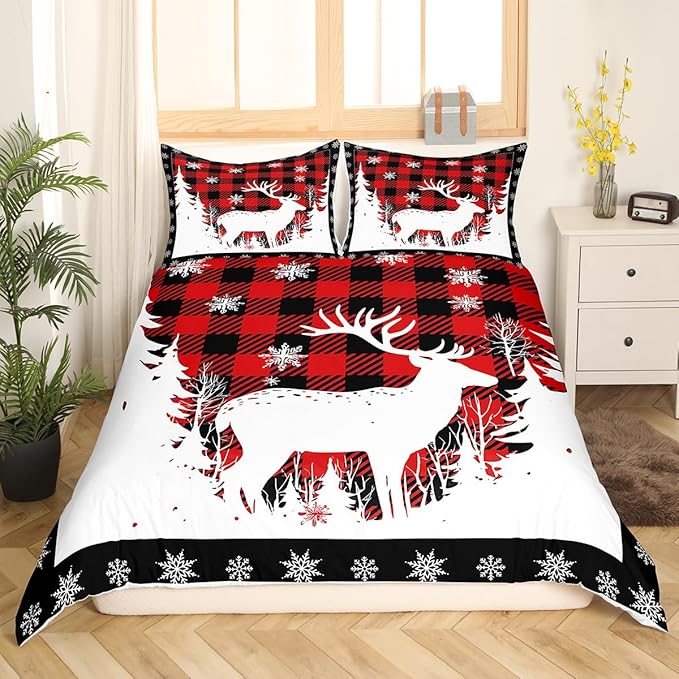 Manfei Christmas Duvet Cover Set King Size, Xmas Deer Tree Snowflake Print Bedding Set 3pcs for Kids Boys Girls Bedroom Decor, Black Red Plaid Print Comforter Cover with 2 Pillowcases,No Comforter