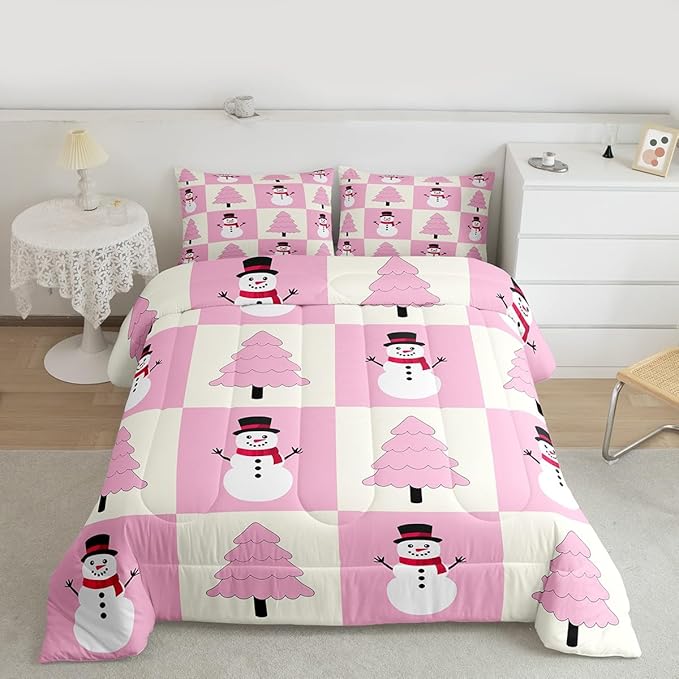 Feelyou Pink Christmas Kids Comforter Set King Size Snowman Bedding Set Xmas Tree Duvet Quilt for Kids Boys Girls Bedroom Decor Microfiber Ultra Soft Breathable