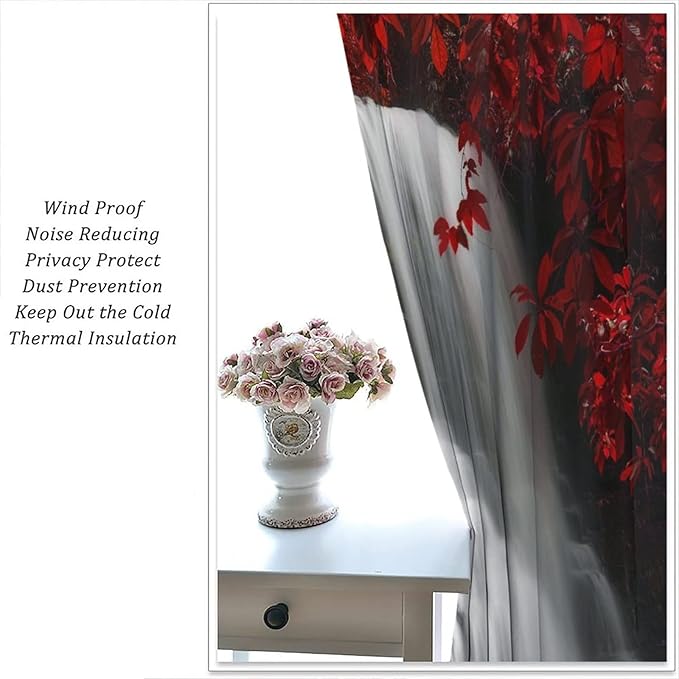 Red Forest Waterfall Blackout Windows Curtains, Waterfall Red Forest Black and Red Natural Landscape Print Window, for Living Room Bedroom 84x84in 2 Panels
