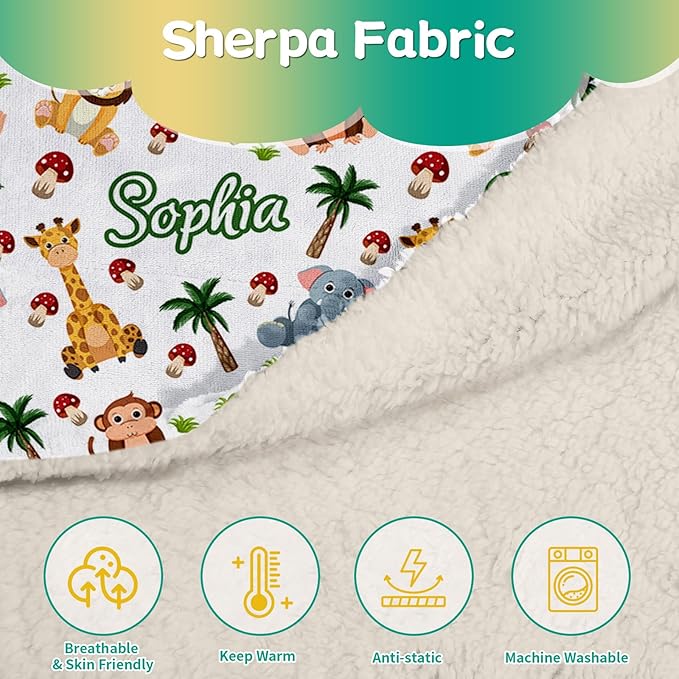 Custom Safari Animals Blanket Gift, Personalized Baby Blanket with Name, Soft Plush Flannel/Sherpa Fleece Throw Blankets for Toddler Kid Teen Boys Girls Color06