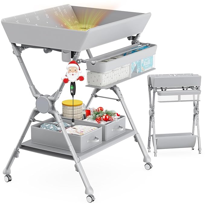 Baby Changing Table with Heating Function, Portable Folding Changing Table with Wheels, Waterproof Diaper Changing Station with 2 Drawers, Adjustable Height, Baby Changing Station for Infant, Newborn