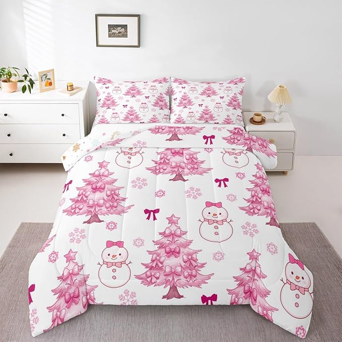 Feelyou Merry Christmas Kids Comforter Set Full Size Cute Snowman Bedding Set Cartoon Bowknot Duvet Quilt for Kids Boys Girls Bedroom Christmas Tree Decor Microfiber Ultra Soft Breathable