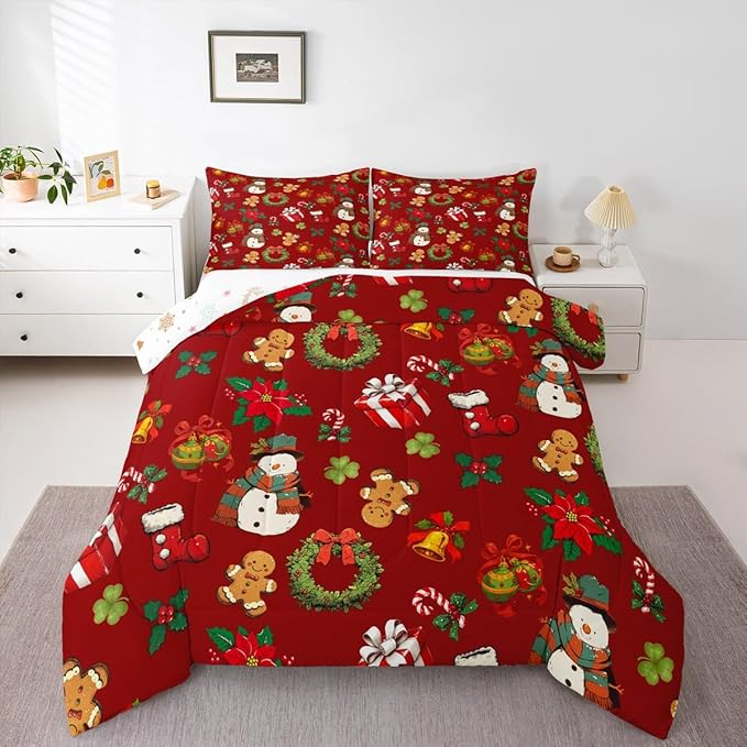 jejeloiu Merry Christmas Comforter Set Twin Size Cute Snowman Bedding Set for Kids Boys Girls Gingerbread Man Duvet Quilt Red Bedroom Decor