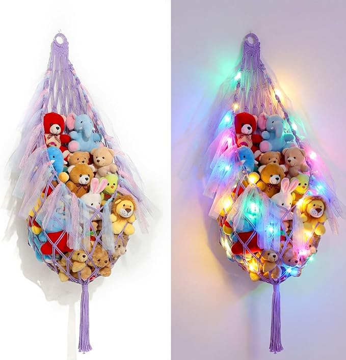 Stuffed Animal Storage Organizers with LED Lights 59 Inch Large Toy Storage Stuffed Animal Hammock Macrame Toy Display Plush Holder Wall for Bedroom Decor Boho Nursery Playroom Organizer