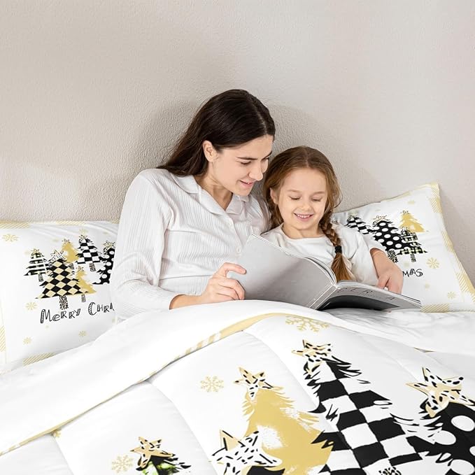 Manfei Xmas Tree Comforter Set Full Size, Yellow Plaid Grid Snowflake Down Comforter with 2 Pillowcases, Christmas Theme Bedding Set 3pcs for Kids Girls Adults Room Decor New Year Duvet Insert