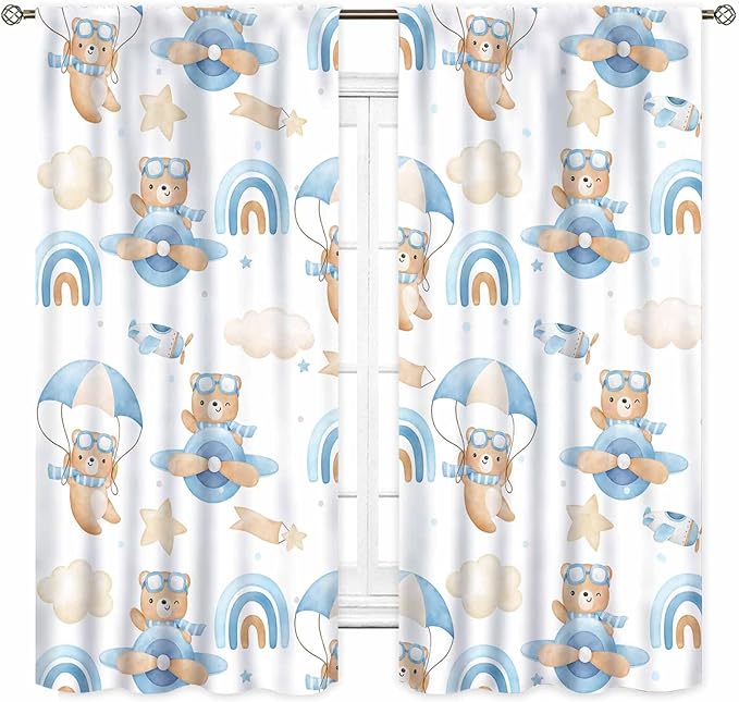 Cartoon Bear Curtains, Kids Boys Girls Cute Lovely Bear Adventure Airplane Cloud Pastel Blue Window Drapery Treatments for Baby Living Room Bedroom Nursey Toddler Classroom 2 Panels, 42"x45" Inch
