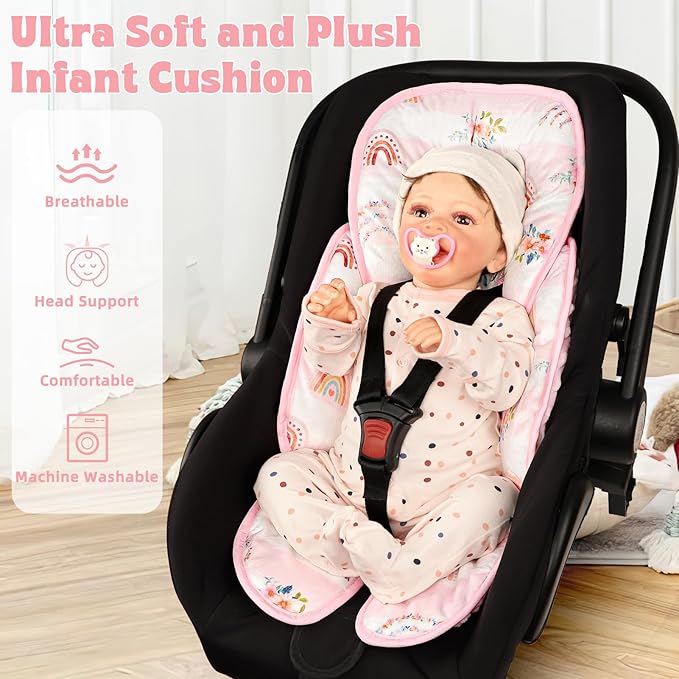 Pea Pod Infant Car Seat Insert 2-in-1 Baby Car Seat Head & Body Support for Newborn Preemie Carseat Stroller Cushion Pad Headrest with Soft Minky Dot Fabric Backing, Rainbow & Floral