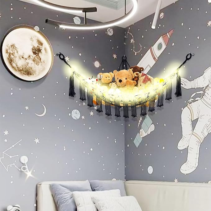 Stuffed Animal Hammock with LED Light, Large Stuffed Animals Storage Corner Plushie Net for Kids Room Decor, Jumbo Black