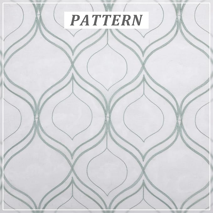 VISIONTEX White Sheer Curtains 95 Inches Long 2 Panels Set Green Moroccan Embroidered Curtains Trellis French Textured Rod Pocket Voile Tulle Semi Window Drapes for Bedroom Living Room 54 x 95 Inches