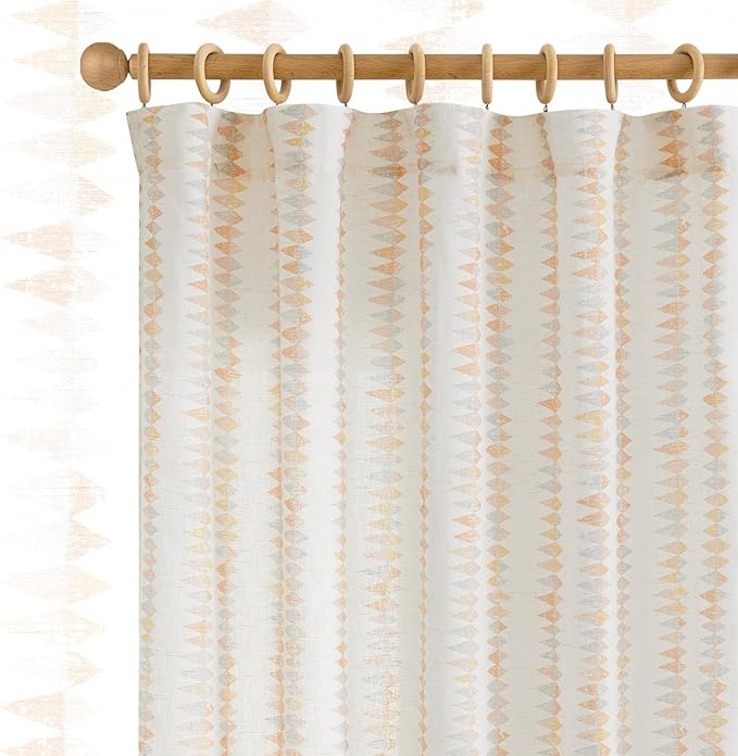 jinchan Linen Nursery Curtains for Living Room Boho Curtains for Bedroom Kids Room 96 Inches Long Pink Geometric Printed Farmhouse Drapes Rod Pocket Window Treatment Curtain Set of 2 Panels Peachy