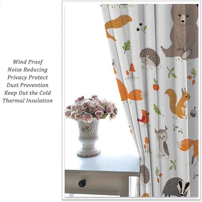Forest Animal Curtains for Kids, Cartoon Safari Woodland Animals Window Treatments Cute Wild Jungle Bear Fox Deer Bear Window Drapes for Girls Boys Nursery Toddler Bedroom 63x63in