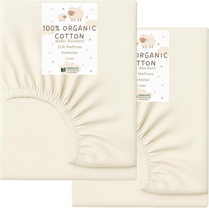 Organic Cotton Crib Mattress Protector (Water-Resistant) - Breathable Fitted Liner Pad, GOTS-Certified, Hypoallergenic, Made in USA – Portable 36"x26" - Pack of 2