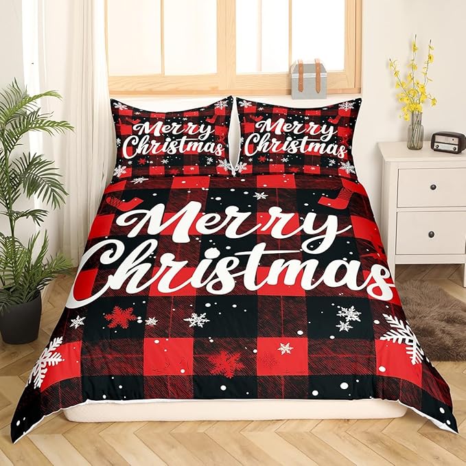 Red Black Plaid Duvet Cover Set King Size Merry Christmas Bedding Set 3pcs for Kids Boys Teens Western New Year Theme Comforter Cover White Snowflake Print Quilt Cover with 2 Pillowcases,No Comforter