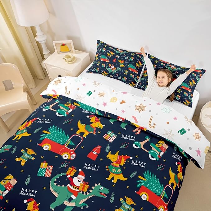 Christmas Bedding Set Cartoon Santa Claus Christmas Tree Comforter Cover for Kids Teens Cute Dino Race Cars Duvet Cover Breathable Gingerbread Man Bedspread Cover Room Decor Quilt Cover Toddler Size