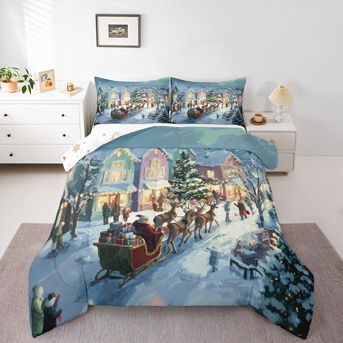Feelyou Watercolor Christmas Comforter Set Queen Size Santa Claus Bedding Set for Kids Boys Girls Reindeer Sled Duvet Quilt Xmas Tree Bedroom Decor Microfiber 3 Pcs with 2 Pillow Cases