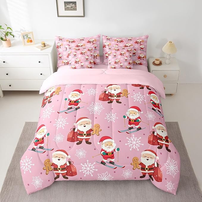 Erosebridal 7Pcs Cute Santa Claus Comforter Set Queen Size,Xmas Gingerbread Bedding Set for Kids Boys Girls,Christmas Snowboard Snowflake Bed in A Bag,Pink Christmas Quilt with Flat Fitted Sheet