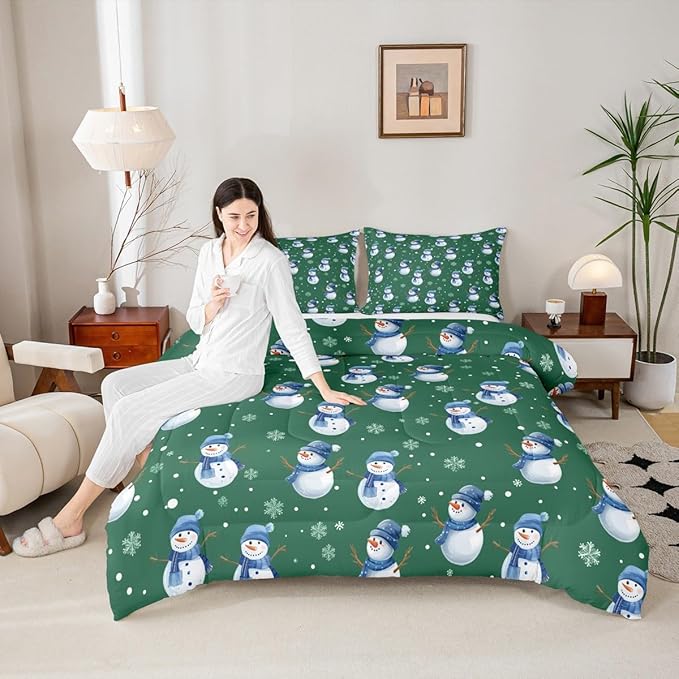 jejeloiu Kids Cute Winter Snowman Comforter Set Toddler Green Christmas Theme Bedding Set for Boys Girls Teens Xmas Snowflake Happy New Year Duvet Quilt Room Decor