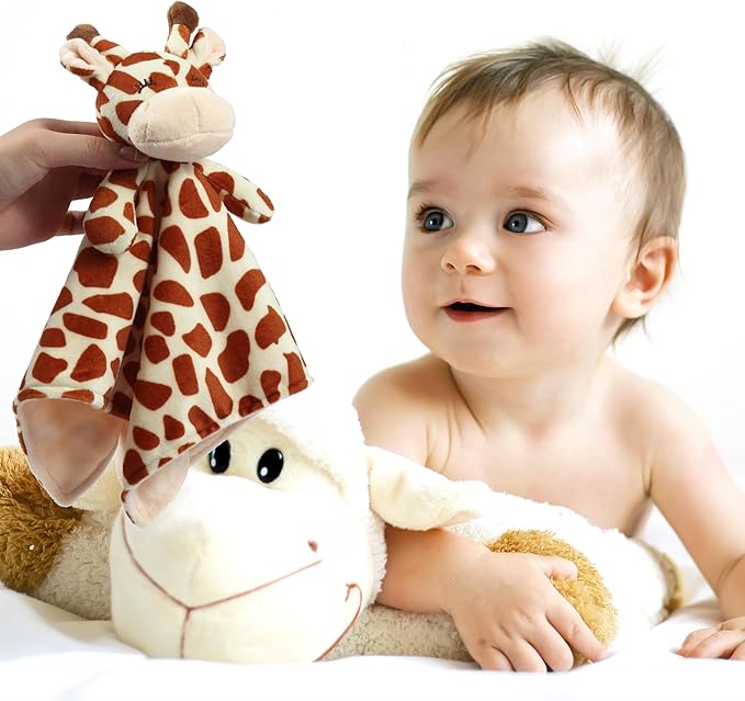 CREVENT Cozy Plush Baby Security Blanket, Loveys for Baby Girls and Boys, Birthday (Giraffe + Sloth)