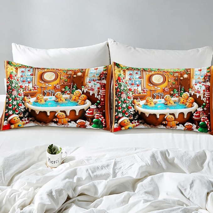 Feelyou Kids Gingerbread House Duvet Cover, Funny Gingerbread Man Bedding Set King Size, Merry Christmas Comforter