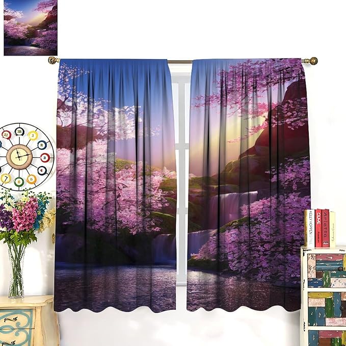 Landscape Waterfall Blackout Curtains, Watercolor Blossom Cherry Flower Forest Pattern Rod Pocket Window Drapes, for Bedroom Living Room 63" W X 72" L