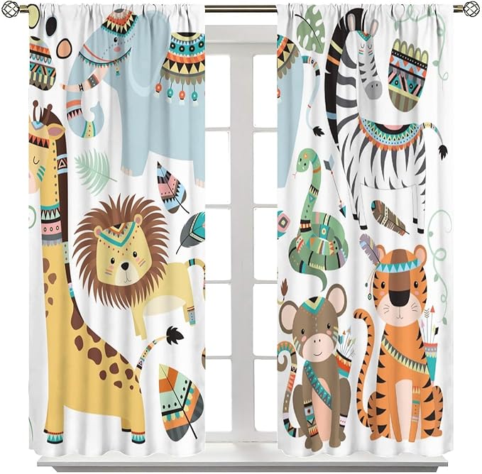Jungle Tribal Animals Curtains, Southwest Aztec Cartoon Funny Zoo Animals Giraffe Lion Elephant Zebra Tiger Print Thermal Insulation Window Drapes for Kids Boys Girls Bedroom Living Room 42x63in