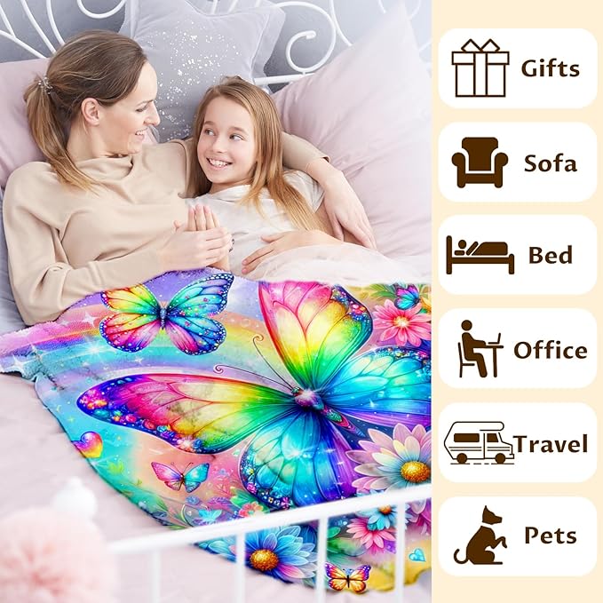 Butterfly Throw Blankets for Girls, Throw Gift for Kids Teens Adults Butterfly Lovers 60x80 Inches Soft Warm Lightweight Blanket for Sofa Couch Living Room Bed
