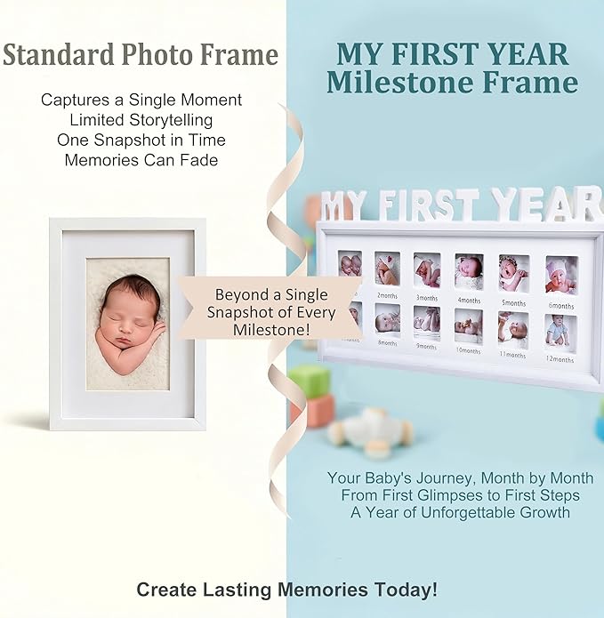 MICKYU My First Year Baby Picture Frame – 12-Month Milestone Photo Display, Personalized Monthly Growth Tracker, Newborn Shower Gift, Rustic White Décor for Nursery or Living Room