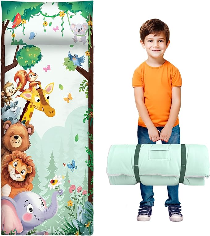 Toddler Nap Mat Kids Sleeping Bag 59‘’×24‘’, Soft Slumber Bag with Removable Pillow for Kids Girls Boys,Roll Up Sleeping Mat Lightweight for Camping,Daycare, Kindergarden
