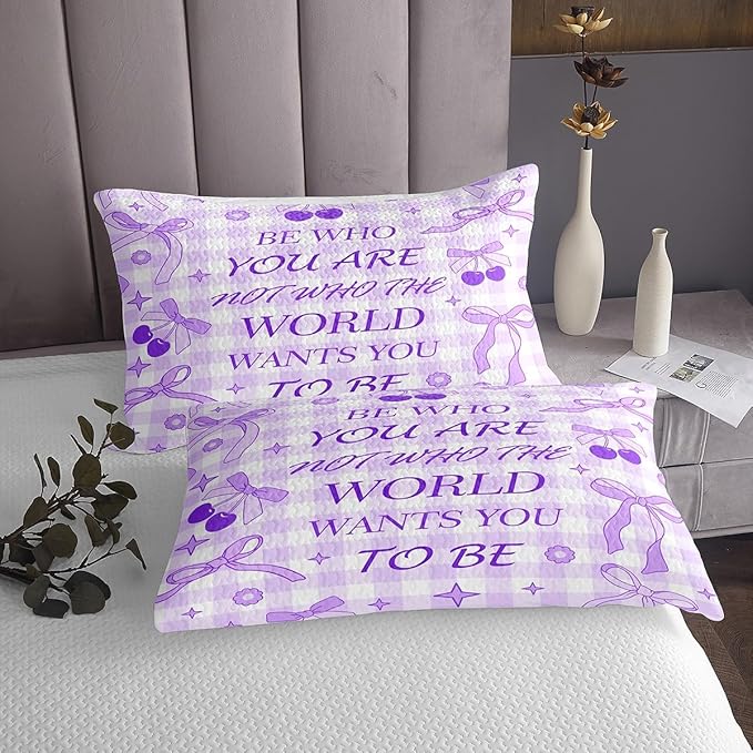Purple Bowknot Bedspread King Size,Cherry Stars Daisy Flowers Romantic Coverlet Set,Girls Women Room Decor,Bow Tie Geometric Plaid Patchwork Quilted Coverlet,Dreamy Bedding Quilt,2 Pillowcases
