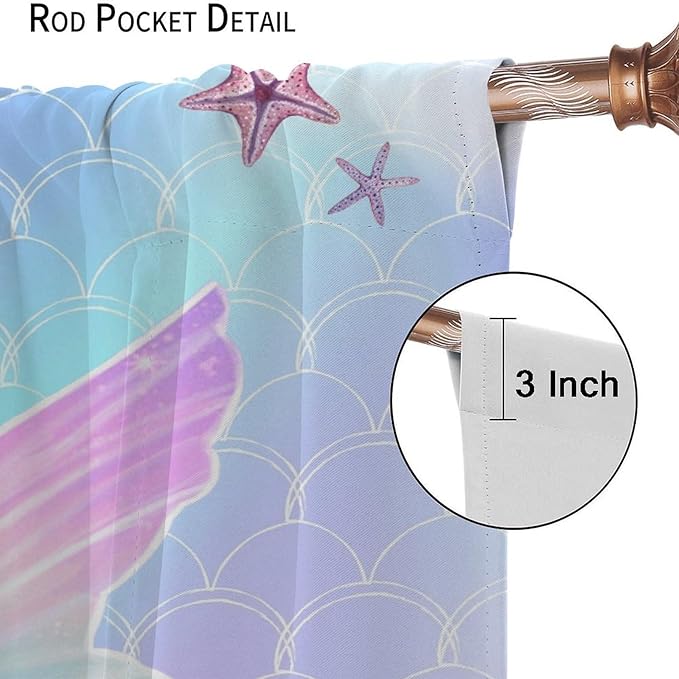 Fantasy Mermaid Curtain Colorful Rainbow Fish Tail Ocean Theme Beautiful Kids Window Treatment for Girls Bedroom Nursery Room Decor Rod Pocket Window Drapes 63x63in