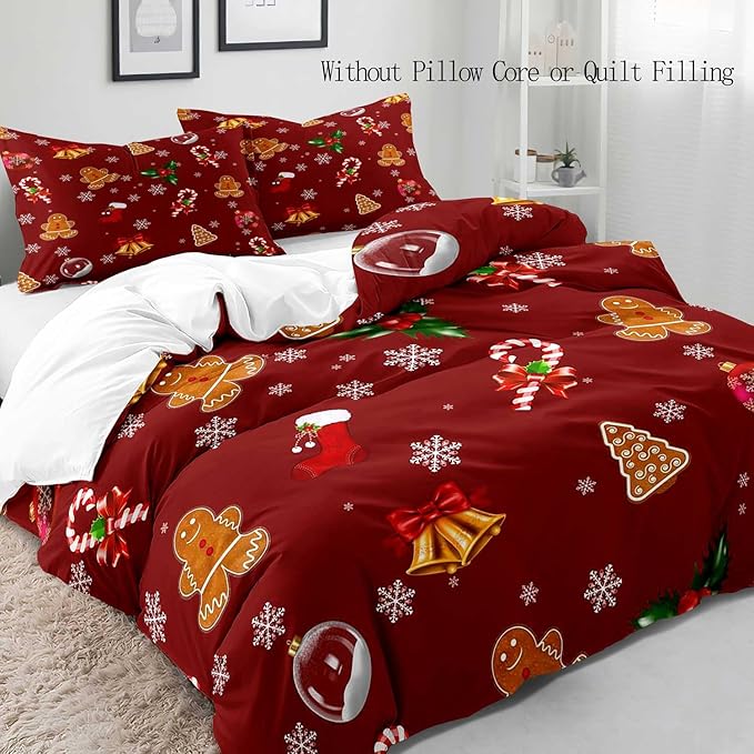 LUVIVIHOME 3PCS Christmas Duvet Cover Full Bedding Set, Red Duvet Cover, Boys Girls Kids Bedding, Cute Gingerbread Snowflake Holiday New Year Xmas Gifts Christmas Comforter Quilt Cover, 2 Pillow Cases