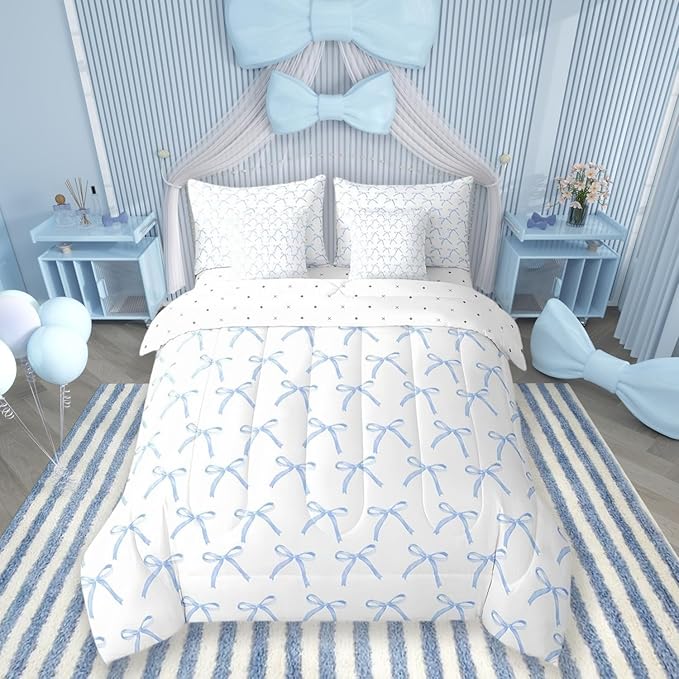 7 Pieces Cartoon Bowknot Kids Comforter Queen Size,Bow Tie Knot Geometric Patchwork Fashion Bedding Set,Hand-painted Sketch Blue Noble（Comforter+Fitted+Flat+2 Pillowcases+2 Throw Pillow Covers）