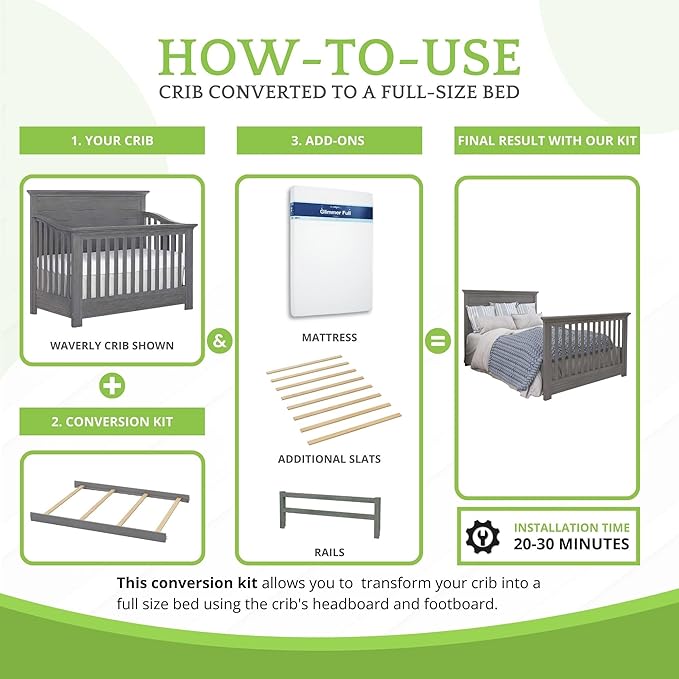 Full-Size Conversion Kit Bed Rails for Evolur Cribs - Solid Wood Crib Convertible Kit to Kids Bed - Transitional Style Rails & Easy-to-Install Child Essentials for Safety (Rustic Grey)