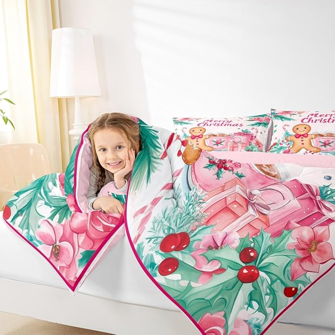 Feelyou Gingerbread Man Kids Comforter Set Twin Size Merry Christmas Bedding Set Christmas Decor Duvet Quilt for Kids Boys Girls Bedroom Xmas Decor Microfiber Ultra Soft Breathable