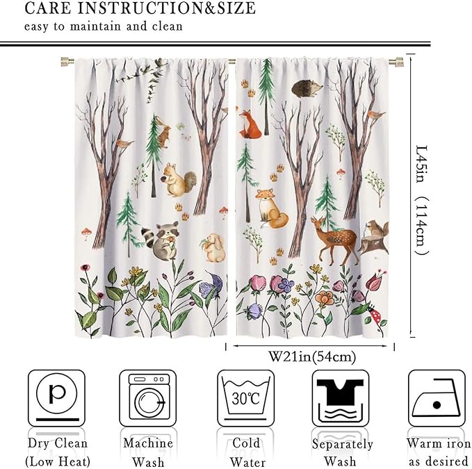 Forest Animal Kids Curtains, Watercolor Cartoon Window Treatments, Cute Animal Floral Girl Toddler Home Bedroom Living Room Drapes 42x45 Inch
