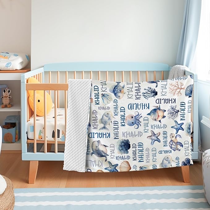 Personalized Baby Blanket with Name, Customized Blanket for Newborn Boys Girls, Ocean Animals Flannel Baby Name Blanket with Dotted Backing, Receiving Swaddle, Gifts for New Parents(60" x80)
