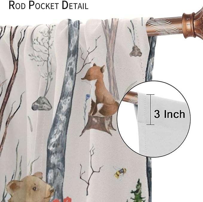 Rustic Forest Window Curtains Curtains, Woodland Animal Bear Deer Hedgehog Fox Squirrel Watercolor Blackout Rod Pocket Treatments Drapes for Boys Girls Bedroom 63x72in