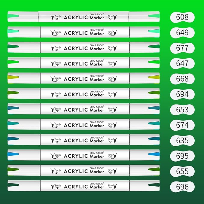 Green Tones Acrylic Paint Pens, 12 Colors Markers Set with Soft Brush & Bullet Tip, for Rock, Painting, Wood, Glass, Ceramic, Canvas, Stone, DIY Crafts, Making Art Supplies, Fabric Paint